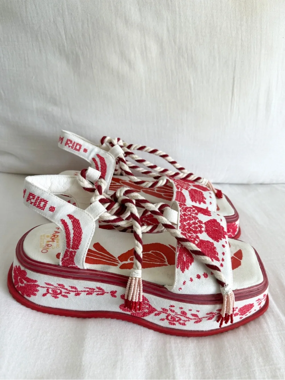 Farm Rio Red & White Embroidered Platform Sandal